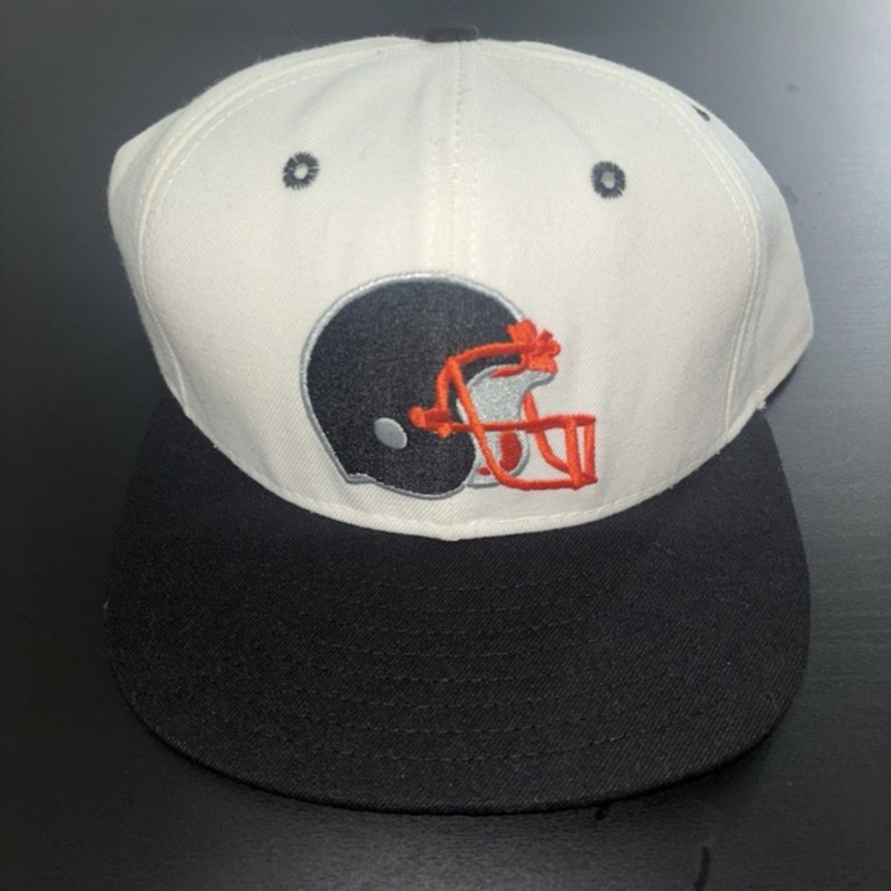 Vtg Football Helmet Logo SnapBack Hat Cap Delong USA Made White Black Orange M-L